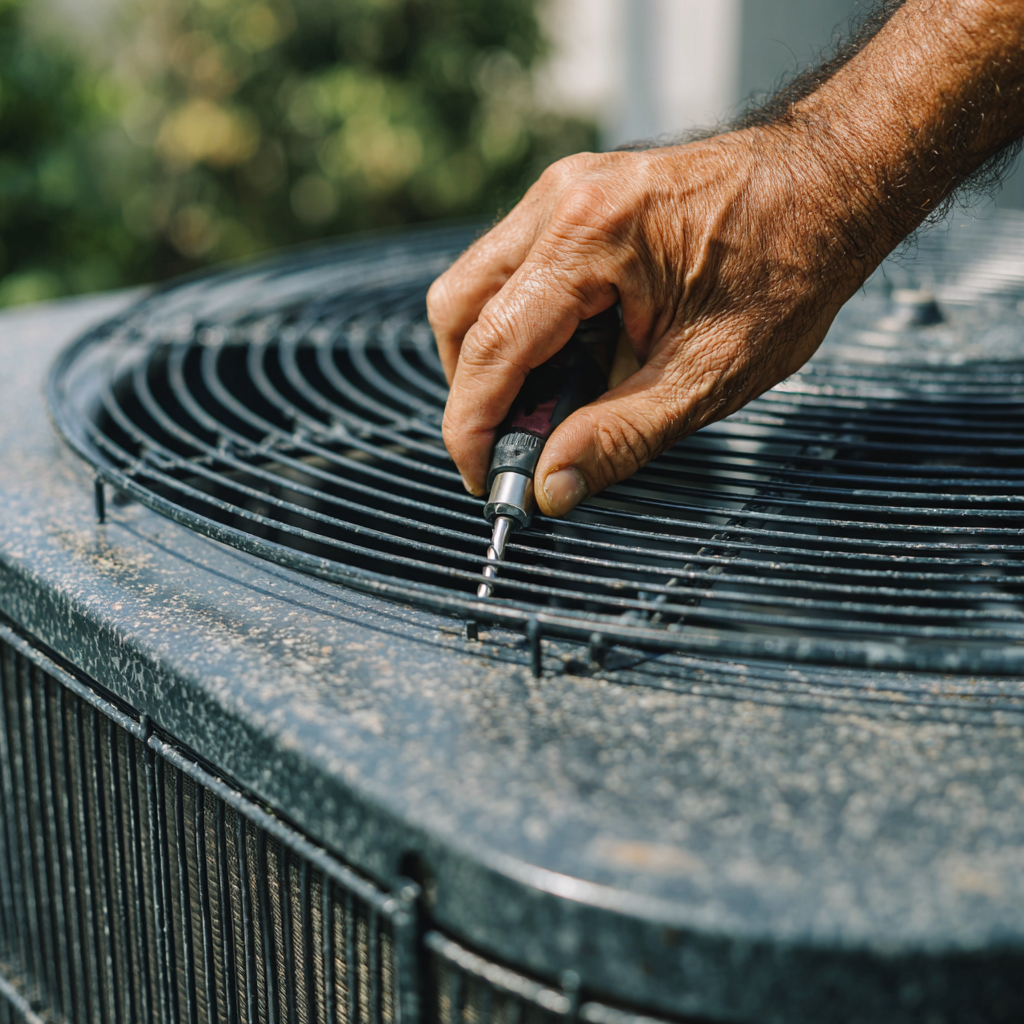 Close-up of HVAC technician repairing air conditioning unit
