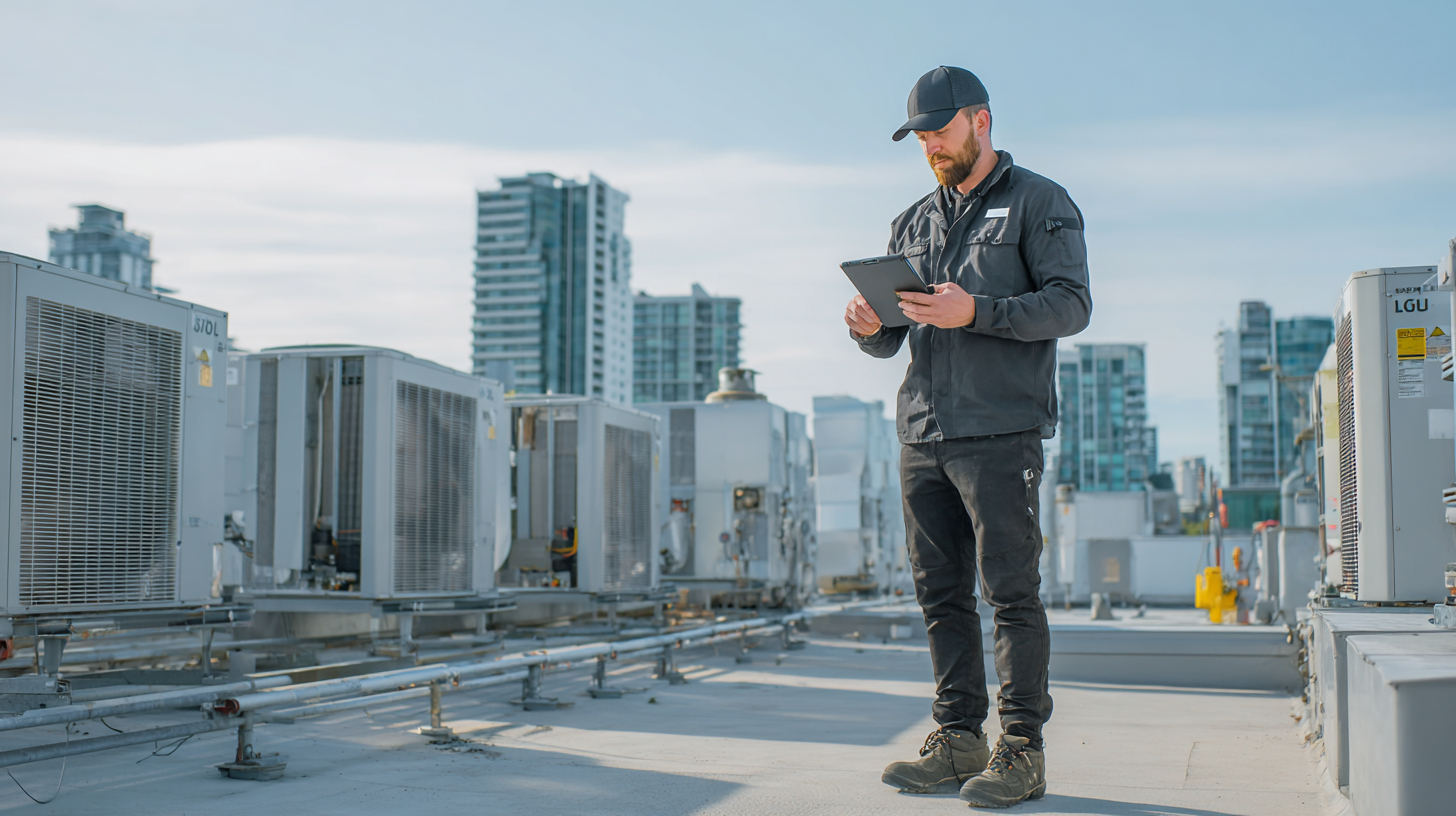 HVAC professional inspecting commercial rooftop units
