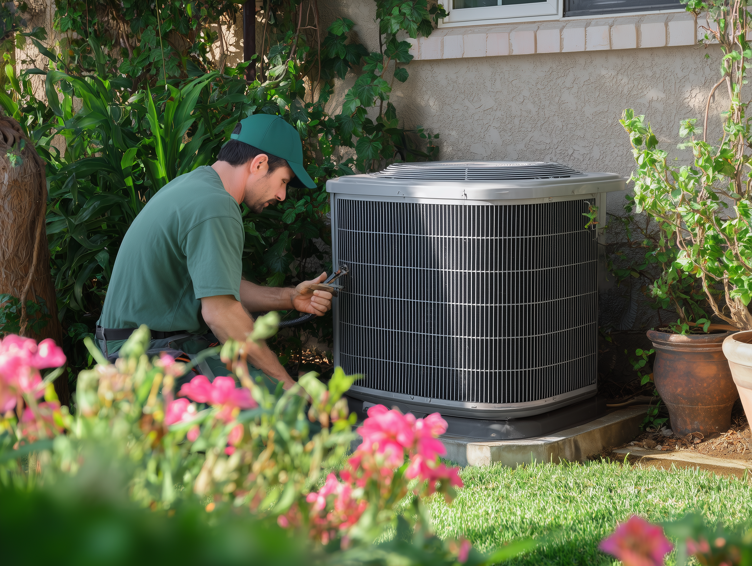 HVAC technician servicing air conditioning unit at a Los Angeles home