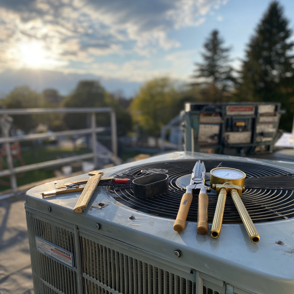 Professional HVAC tools and gauges on air conditioning unit